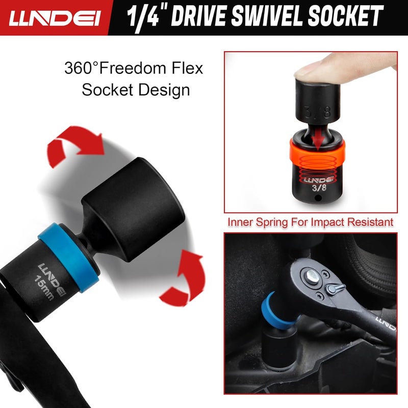 LLNDEI 1/4-Inch Drive Swivel Socket Set, 32 Pieces Standard SAE(5/32 to 9/16") Metric Size(4-15mm) CR-MO Wobble Sockets, 6 Point with Ratchet Wrench Handle, Extension Bars and Adapter - Image 4